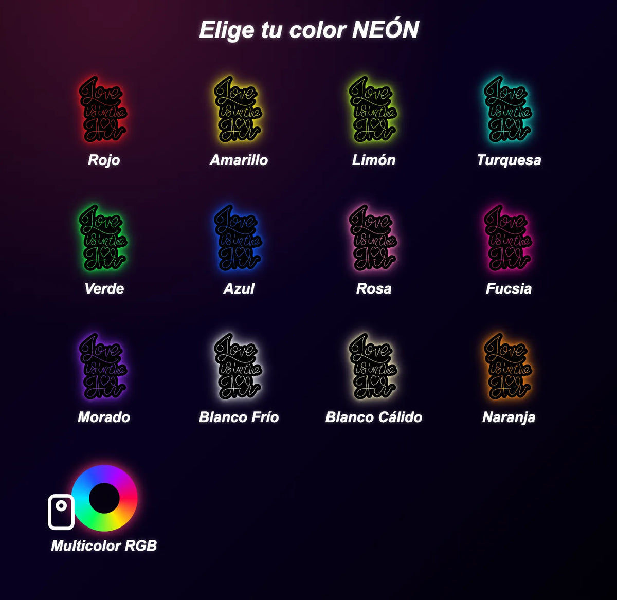 Neón El amor está en el aire - Love is in the air - color guide