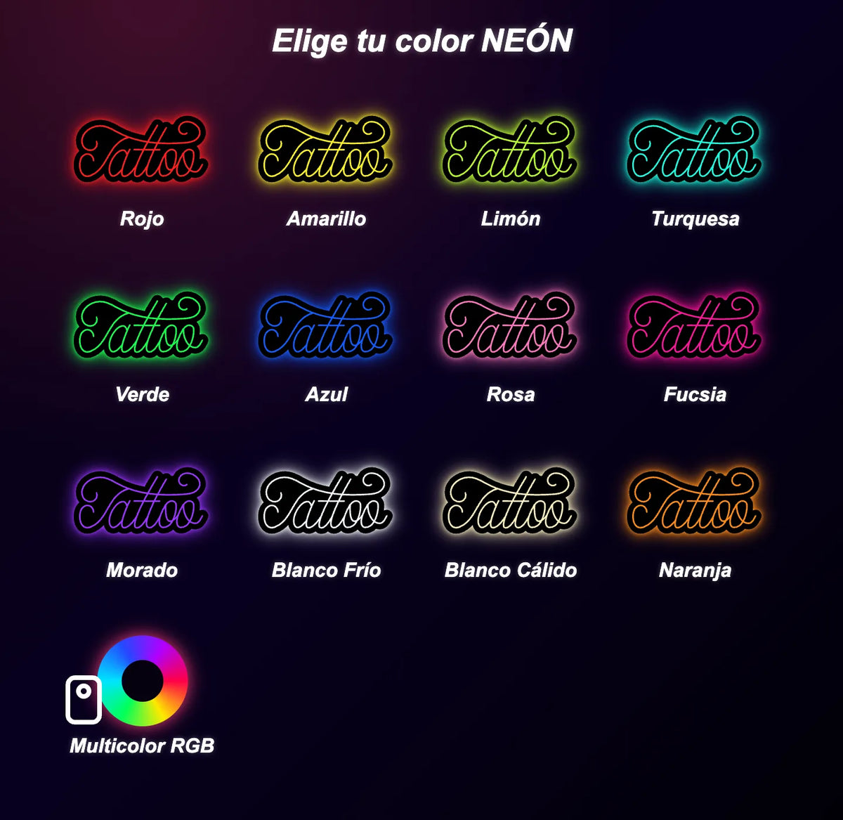 Neón Tatuaje cursivo - tattoo-cursive - color guide