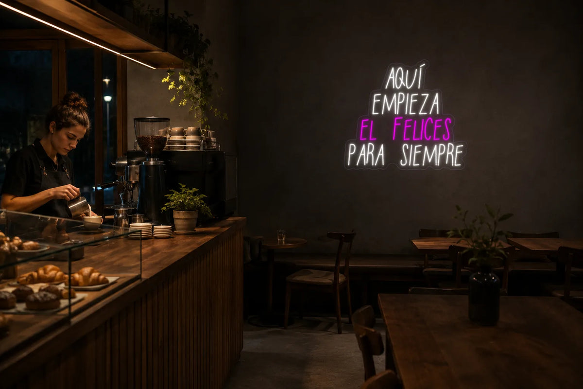 Neón Aquí empieza el felices para siempre - aquiempiezaelfelicesparasiempre - cafe