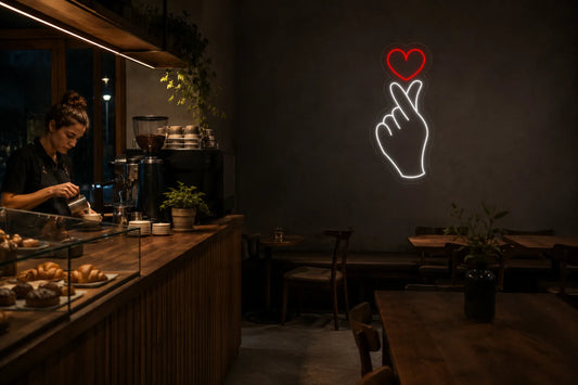 Neón Mano con corazón - hand-heart - cafe